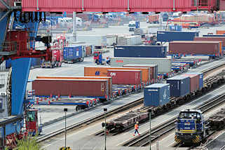 8190 Containerbahnhof / Containerterminal Altenwerder - Hamburger Hafen; Container mit Sattelauflieger - Gterzug mit Containerwagen. 