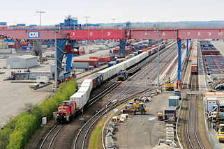 8285 Blick ber den Containerbahnhof auf dem Containerterminal Hamburg Altenwerder - ein Portalkran erstreckt sich ber die Gleise. 
