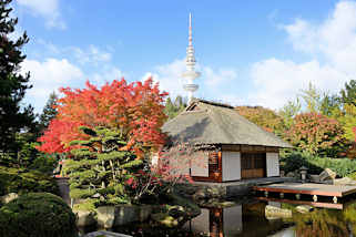 6401 Teehaus im Japanischen Garten von Planten un Blomen in der Hamburger Innenstadt; herbstlich gefrbter Ahorn. 