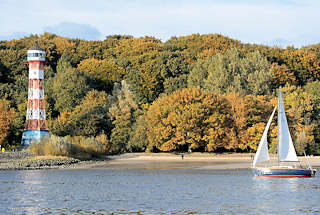 6121 Leuchtfeuer / Leuchtturm Hamburg Wittenbergen - Stadteil Rissen - Wald mit herbstlich gefrbten Bumen - Segelboot in der Sonne.