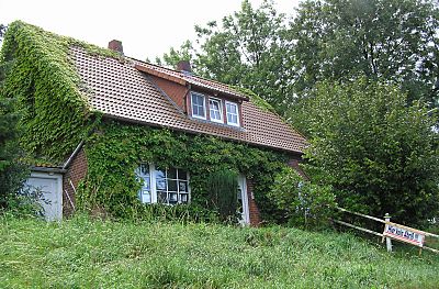 011_25961 | efeubewachsenes Wohnhaus auf dem Elbdeich in Rosengarten (08/2003); rechts im Bild das Schild "Hier kein Abriss"; auch Besitzer von diesem Haus wehren sich gegen die geplante Landebahnverlngerung der Airbuswerke in Hamburg Finkenwerder.