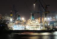 100_4564 | Schiffsfotos aus dem Hamburger Hafen - Nachtaufnahme;  Die Kreuzfahrtschiffe AMADEA und ALBATROSS liegen nebeneinander im Trockendock Elbe 17 der Hamburger Werft Blohm + Voss und sind hell beleuchtet. Die MS AMADEA wurde 1993 in Dienst gestellt und hat bei einer Besatzung von 280 Mann ca. 600 Passagiere an Bord. Die MS ALBATROS wurde 1973 gebaut und hat Kabinen fr ca. 830 Passagiere.