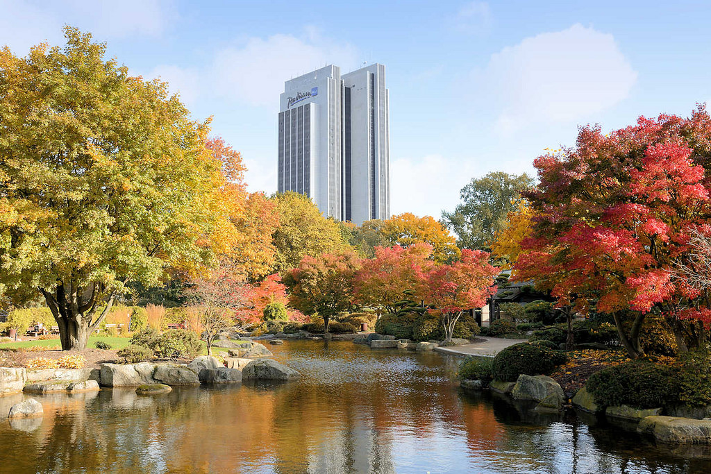 6408 Herbstbäume im Japanischen Garten in der Hamburger Innenstadt, Grünanlage Planten un Blomen - Hotelgebäude am Dammtor.