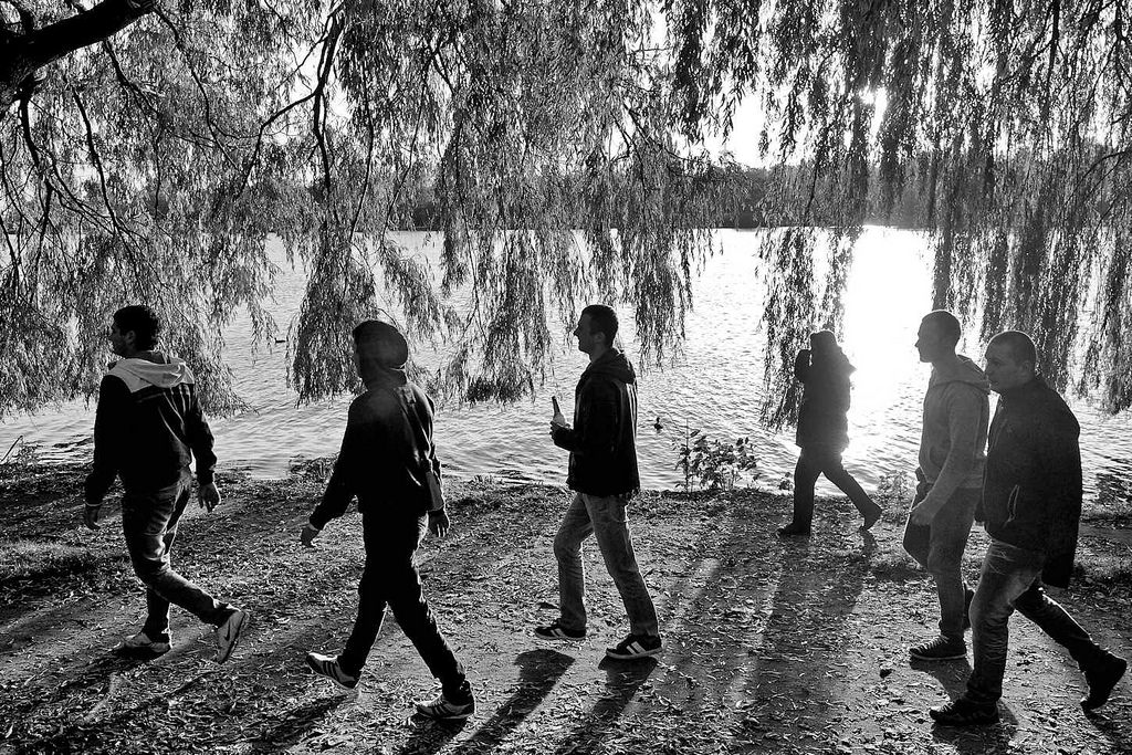 6932 Spaziergänger am Ufer der Aussenalster an der Bellevue in Hamburg Winterhude - die Zweige einer Weide hängen tief über dem Wasser des Hamburger Binnensees.