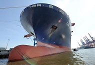 139_6260| Wulstbug der CMA CGM CALLISTO im Hamburger Hafen am HHLA Terminal Burchardkai - ein kleines Fahrgastschiff der Hafenrundfahrt fhrt mit Hamburg Touristen dicht an der Schiffswand entlang. Das 2010 fertiggestellte Containerschiff CMA CGM CALISTO hat eine Lnge von 364m und eine Breite von 45,6m. Der Containerriese kann 11 356 TEU Standartdcontainer transportieren.