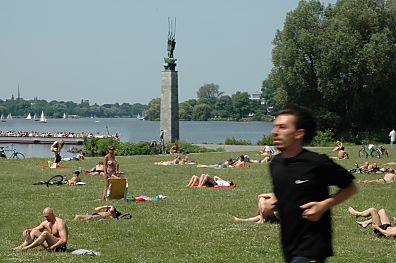 011_25805 | Sonnenbaden auf den Alsterwiesen; ein Alstercabrio fhrt im Hintergrund auf an der Auenalster.