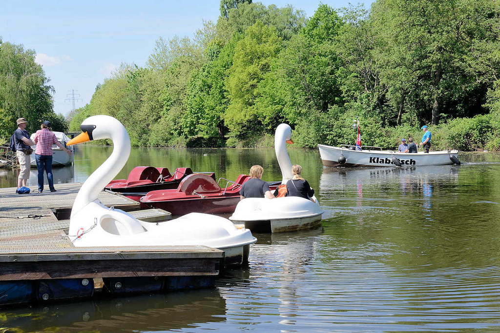 0439 Bootsverleih am Ernst August Kanal in Hamburg Wilhelmsburg; Schwan als Tretboot.