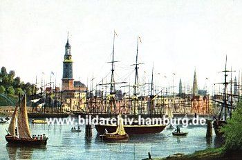 019_93783 | Blick zum Bereich der Landungsbrcken / Baumwall ca. 1865; Segelschiffe auf der Elbe.