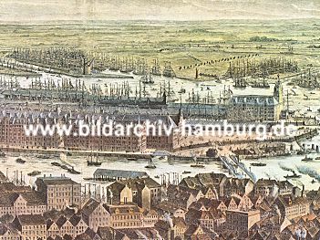 019_93793 | Blick auf die Speicherstadt und den Hamburger Hafen ca. 1900 - im Vordergrund verluft der Zollkanal und rechts die Niederbaumbrcke; dahinter der Kaispeicher A. 